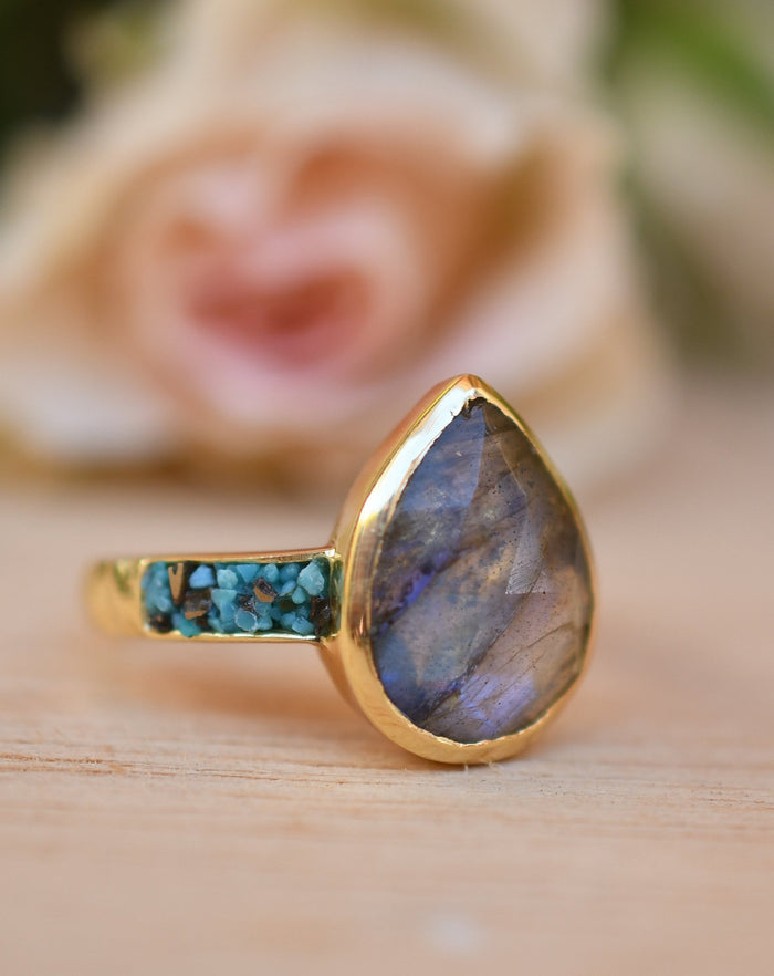 Labradorite & Turquoise Ring * 18k Gold Plated Ring * Statement Ring *Gemstone Ring *Labradorite *Bridal Ring *Organic Ring *Natural *BJR177