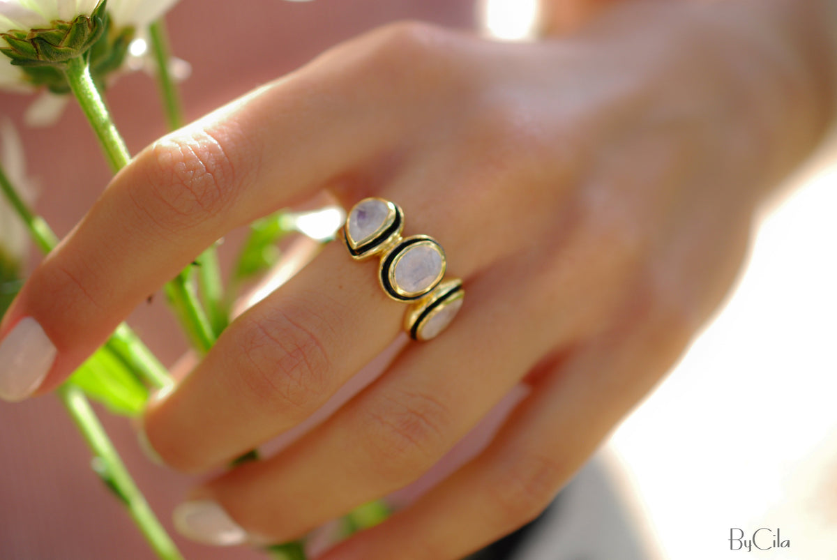 Moonstone Ring * 18k Gold Plated Ring * Statement Ring *Gemstone Ring * handmade * Black details * BohoBlack details * BJR126