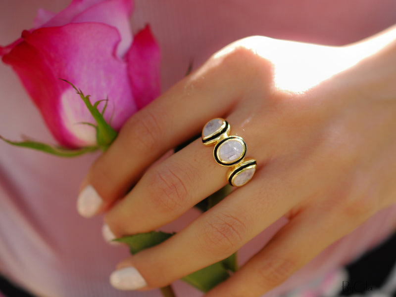 Moonstone Ring * 18k Gold Plated Ring * Statement Ring *Gemstone Ring * handmade * Black details * BohoBlack details * BJR126