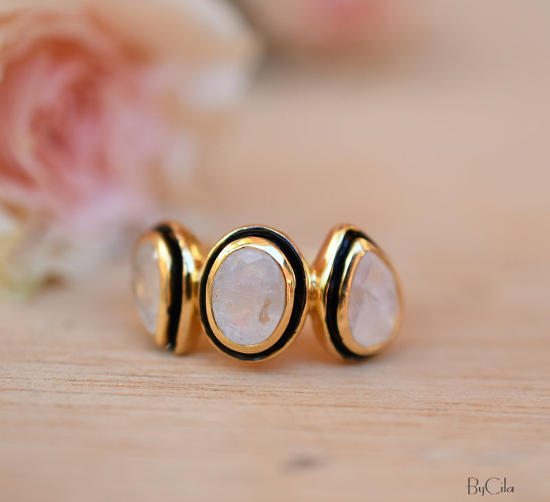 Moonstone Ring * 18k Gold Plated Ring * Statement Ring *Gemstone Ring * handmade * Black details * BohoBlack details * BJR126