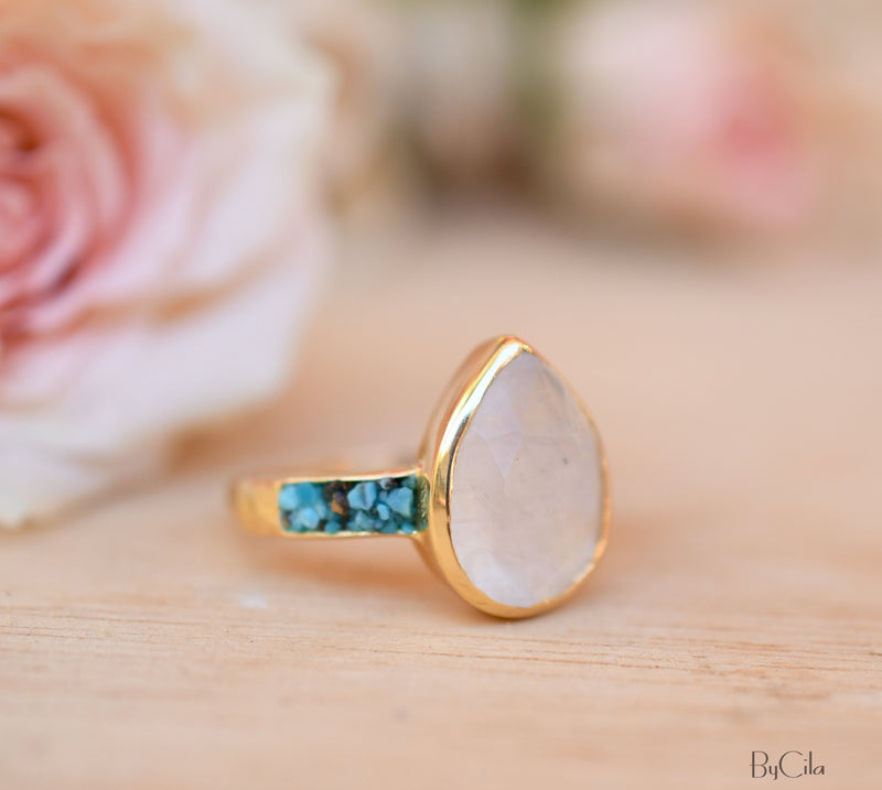 Moonstone & Mosaic Turquoise Ring*18k Gold Plated Ring*Statement Ring*Gemstone Ring *Labradorite *Bridal Ring *Organic Ring *Natural *BJR178