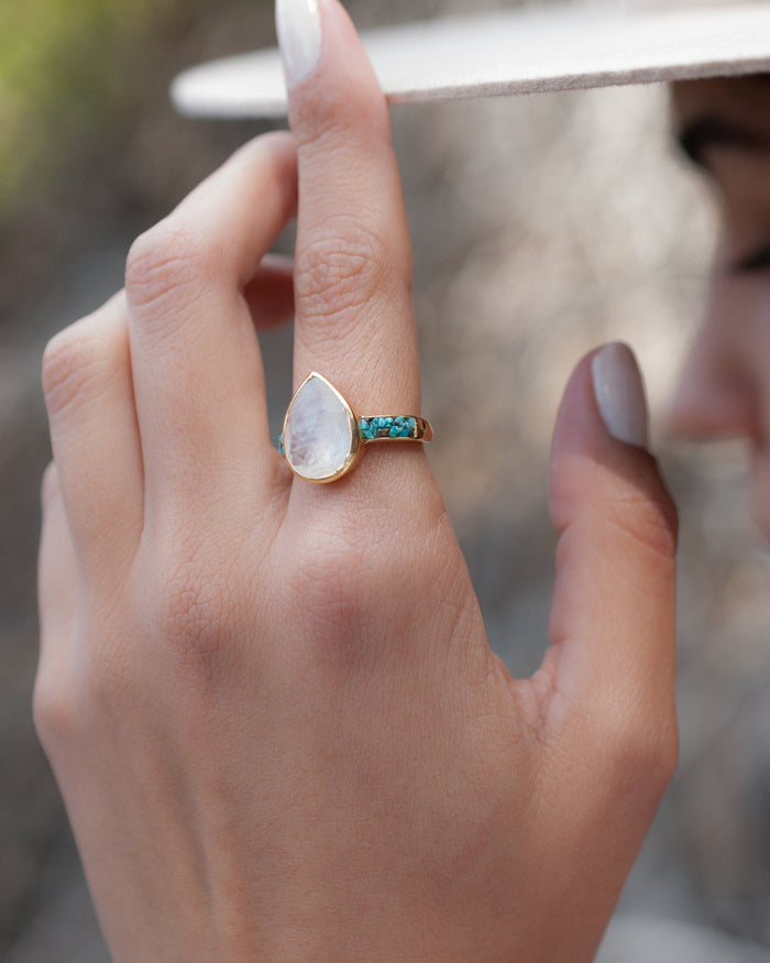 Moonstone & Mosaic Turquoise Ring*18k Gold Plated Ring*Statement Ring*Gemstone Ring *Labradorite *Bridal Ring *Organic Ring *Natural *BJR178