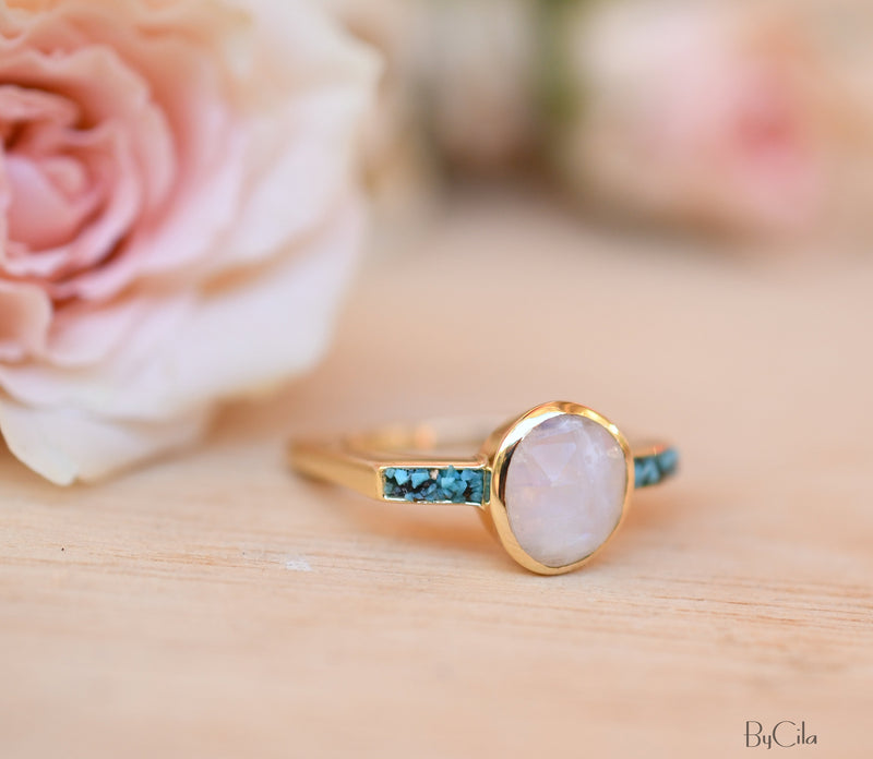Moonstone & Mosaic Turquoise Square Ring * 18k Gold Plated Ring * Statement Ring *Gemstone Ring *Bridal Ring *Organic Ring *Natural * BJR164