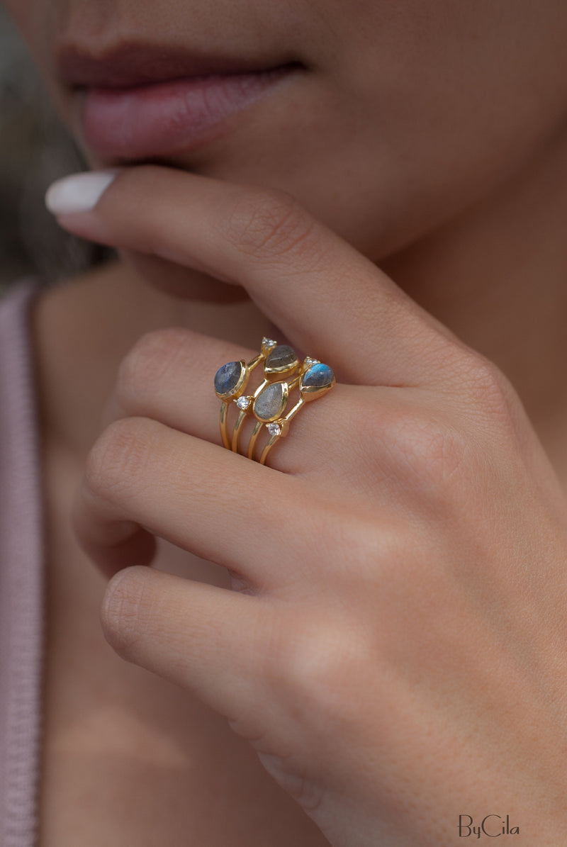 Rainbow Labradorite  & Zirconia Ring * Gold Ring * Gemstone * Gold Plated * Statement *Bridal *Wedding * Natural *Handmade * BJR105