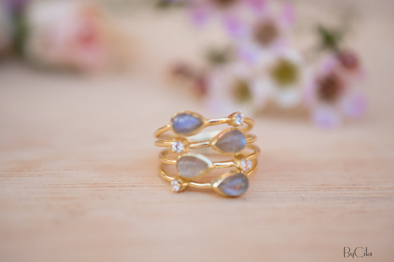 Rainbow Labradorite  & Zirconia Ring * Gold Ring * Gemstone * Gold Plated * Statement *Bridal *Wedding * Natural *Handmade * BJR105