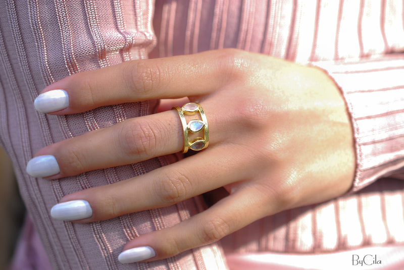 Rose Quartz, Moonstone & Labradorite Ring * 18k Gold Plated Ring * Statement Ring *Gemstone Ring * handmade *Adjustable * Boho BJR181