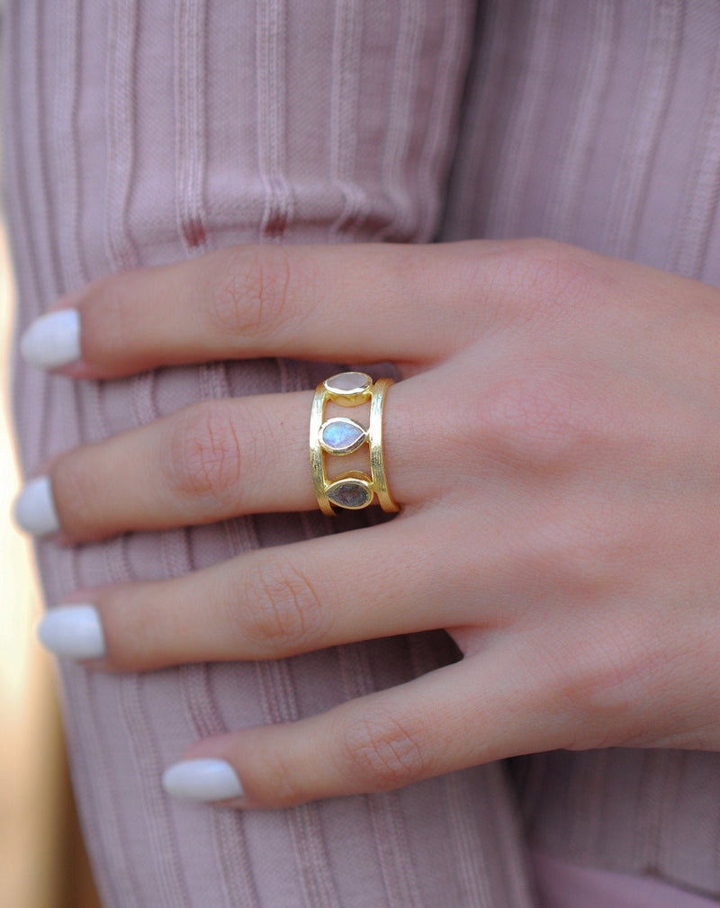 Rose Quartz, Moonstone & Labradorite Ring * 18k Gold Plated Ring * Statement Ring *Gemstone Ring * handmade *Adjustable * Boho BJR181