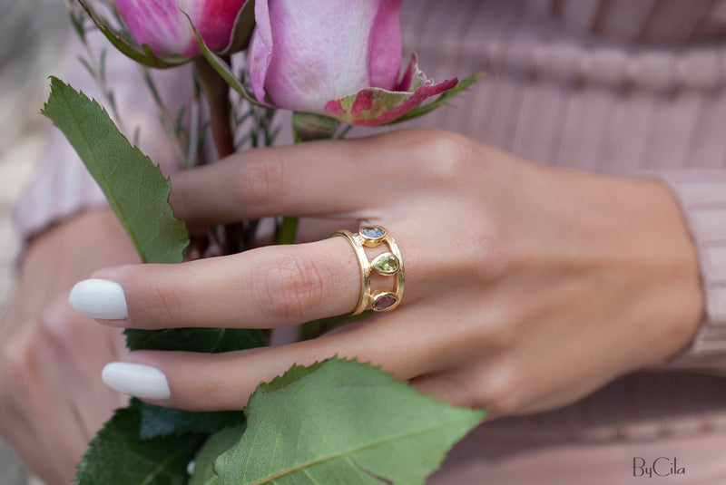 Amethyst, Peridot & Iolite hydro Ring * 18k Gold Plated Ring * Statement Ring *Gemstone Ring * handmade *Adjustable * Boho BJR180