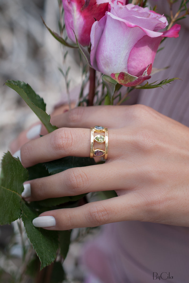 Amethyst, Peridot & Iolite hydro Ring * 18k Gold Plated Ring * Statement Ring *Gemstone Ring * handmade *Adjustable * Boho BJR180