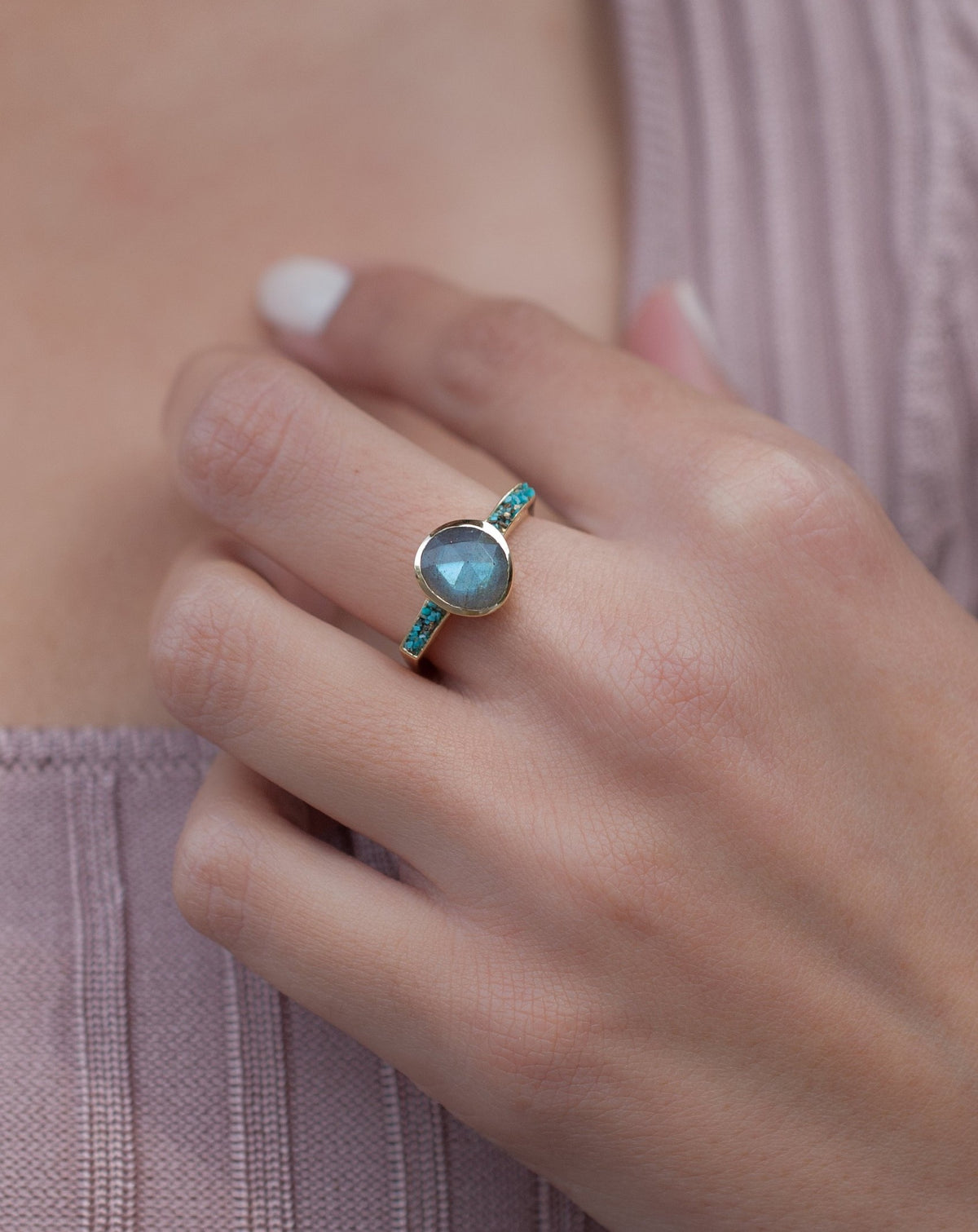 Labradorite & Mosaic Turquoise Square Ring *18k Gold Plated Ring * Statement Ring *Gemstone Ring *Bridal Ring *Organic Ring *Natural *BJR163