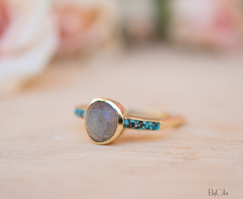 Labradorite & Mosaic Turquoise Square Ring *18k Gold Plated Ring * Statement Ring *Gemstone Ring *Bridal Ring *Organic Ring *Natural *BJR163