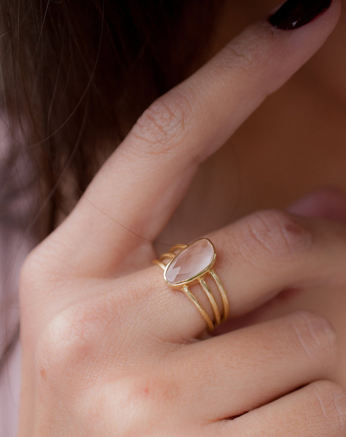 Rose Quartz Ring *Gold Vermeil Ring* Statement Ring *Gemstone Ring *Pink stone Ring* Natural *Organic Ring * ByCila* BJR052