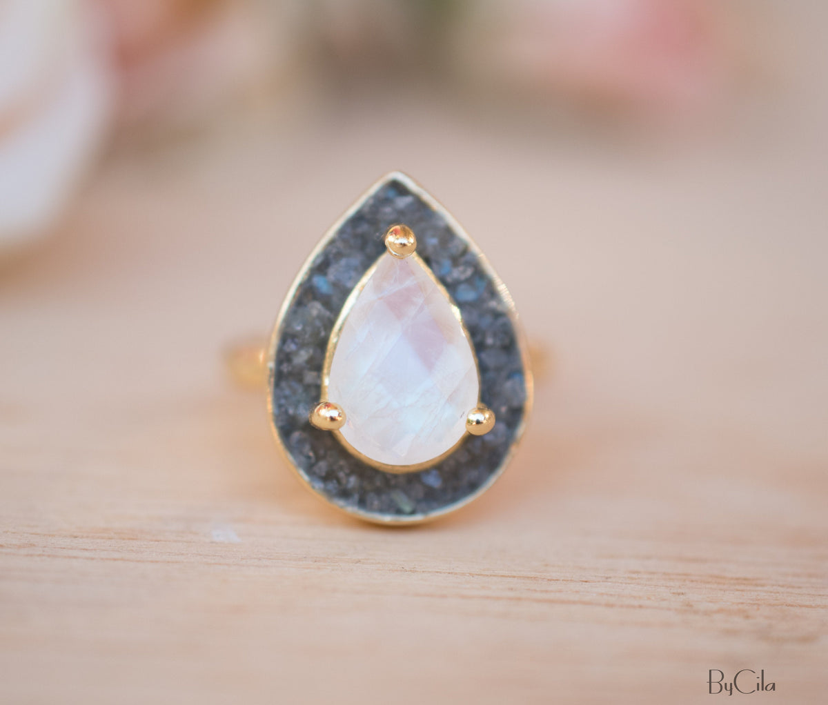Mosaic Labradorite & Moonstone Ring *18k Gold Plated Ring * Statement Ring *Gemstone Ring *Bridal Ring *Organic Ring *Natural * BJR173