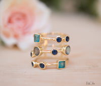 Gemstones Gold Ring * Statement Birthstone* Gold Plated Ring * Green Jade, Sapphire hydro, Labradorite *Multi stones *Statement Ring BJR071