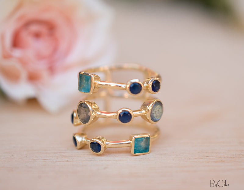 Gemstones Gold Ring * Statement Birthstone* Gold Plated Ring * Green Jade, Sapphire hydro, Labradorite *Multi stones *Statement Ring BJR071
