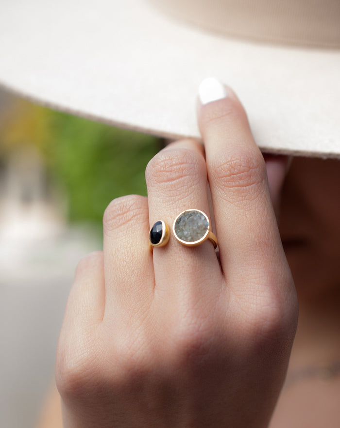 Mosaic Labradorite  & Black Onyx Ring * 18k Gold Plated Ring * Statement Ring *Gemstone Ring * handmade *Adjustable * Boho * BJR169