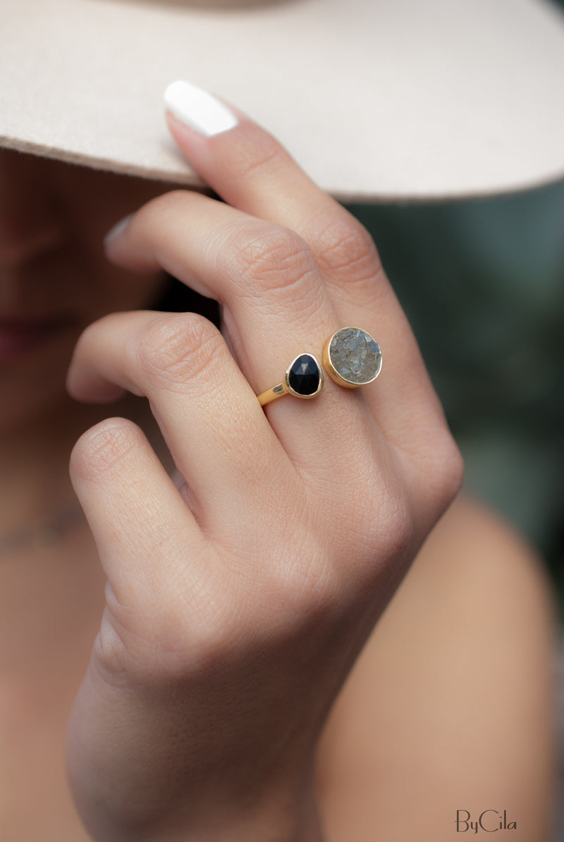 Mosaic Labradorite  & Black Onyx Ring * 18k Gold Plated Ring * Statement Ring *Gemstone Ring * handmade *Adjustable * Boho * BJR169