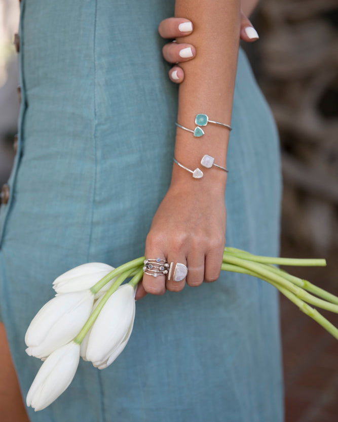 Aqua Chalcedony Bohemian Bangle Bracelet * Gold Plated 18k or Silver Plated *Gemstone * Gypsy * Adjustable * Statement * Stacking *BJB001F