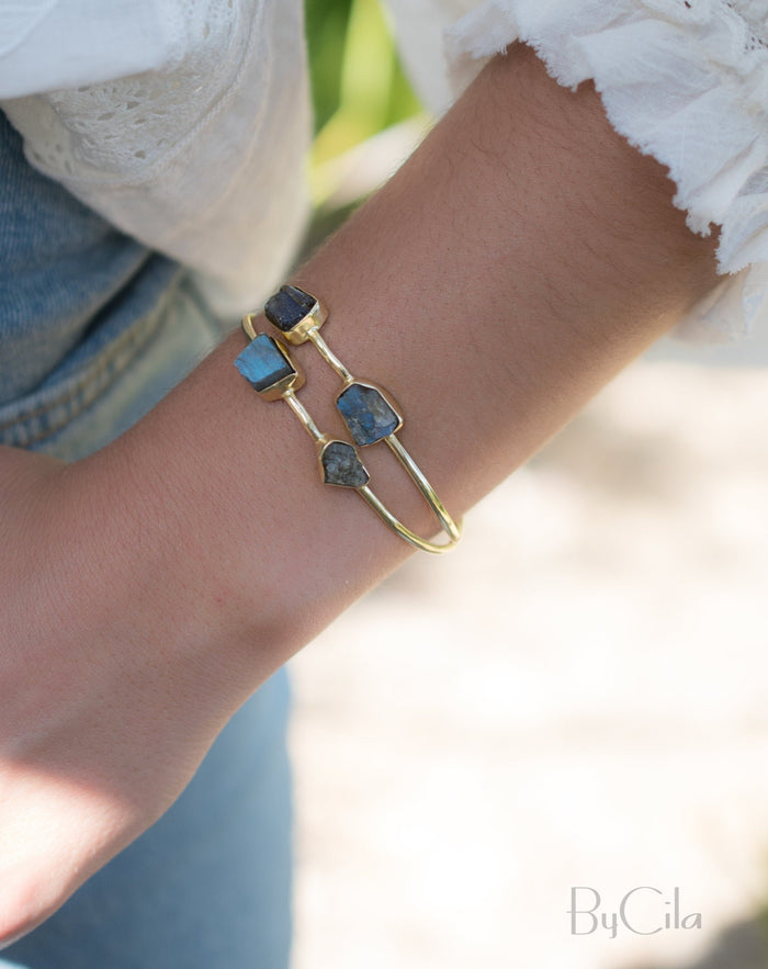 Rough Labradorite Bangle Bracelet *Gold Plated 18k* Gemstone * Gypsy * Hippie * Adjustable * Statement * Stacking * Layering * BJB028