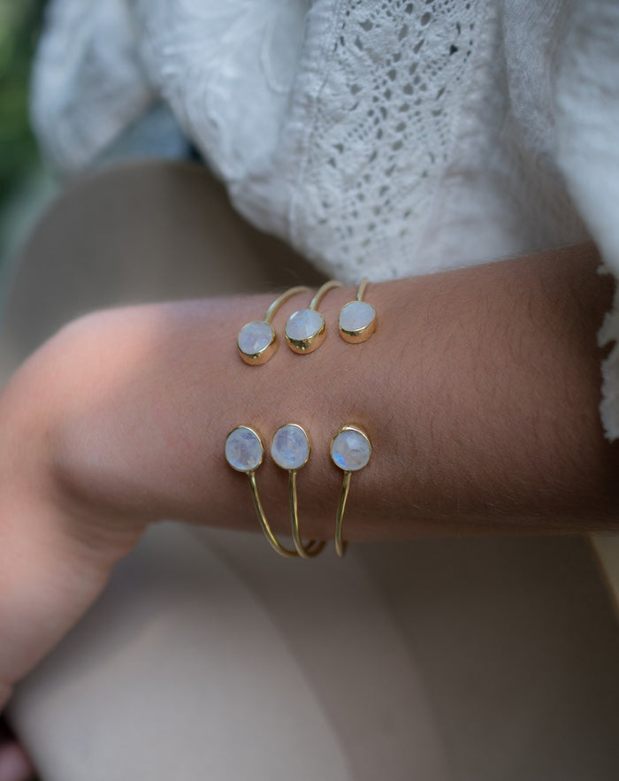 Moonstone Bangle Bracelet * Gold Plated * Gemstone * Adjustable * Statement * Stacking * Layering* BJB027