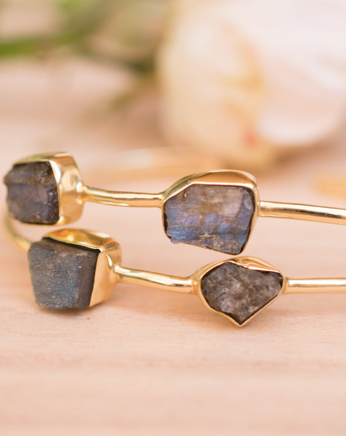 Rough Labradorite Bangle Bracelet *Gold Plated 18k* Gemstone * Gypsy * Hippie * Adjustable * Statement * Stacking * Layering * BJB028