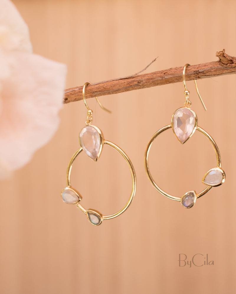 Lavinia Earrings * Rose Quartz, Labradorite & Moonstone  * Gold Plated 18k * BJE120
