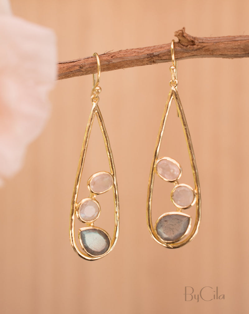 Rebeca Earrings * Rose Quartz, Moonstone & Labradorite * Gold Plated 18k * BJE106