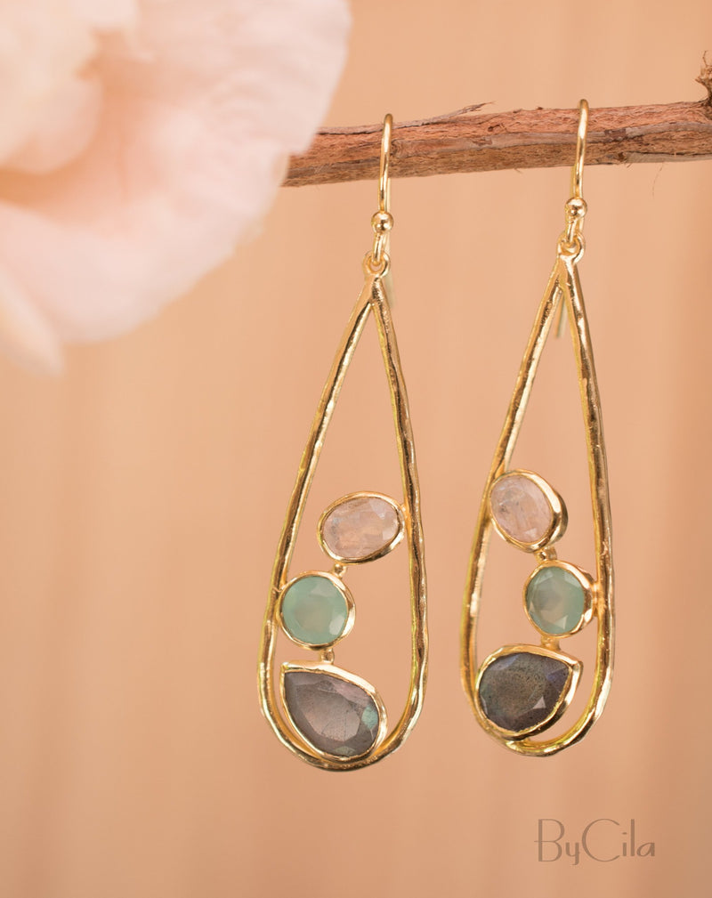 Rebeca Earrings * Moonstone, Aqua Chalcedony & Labradorite * Gold Plated 18k * BJE107