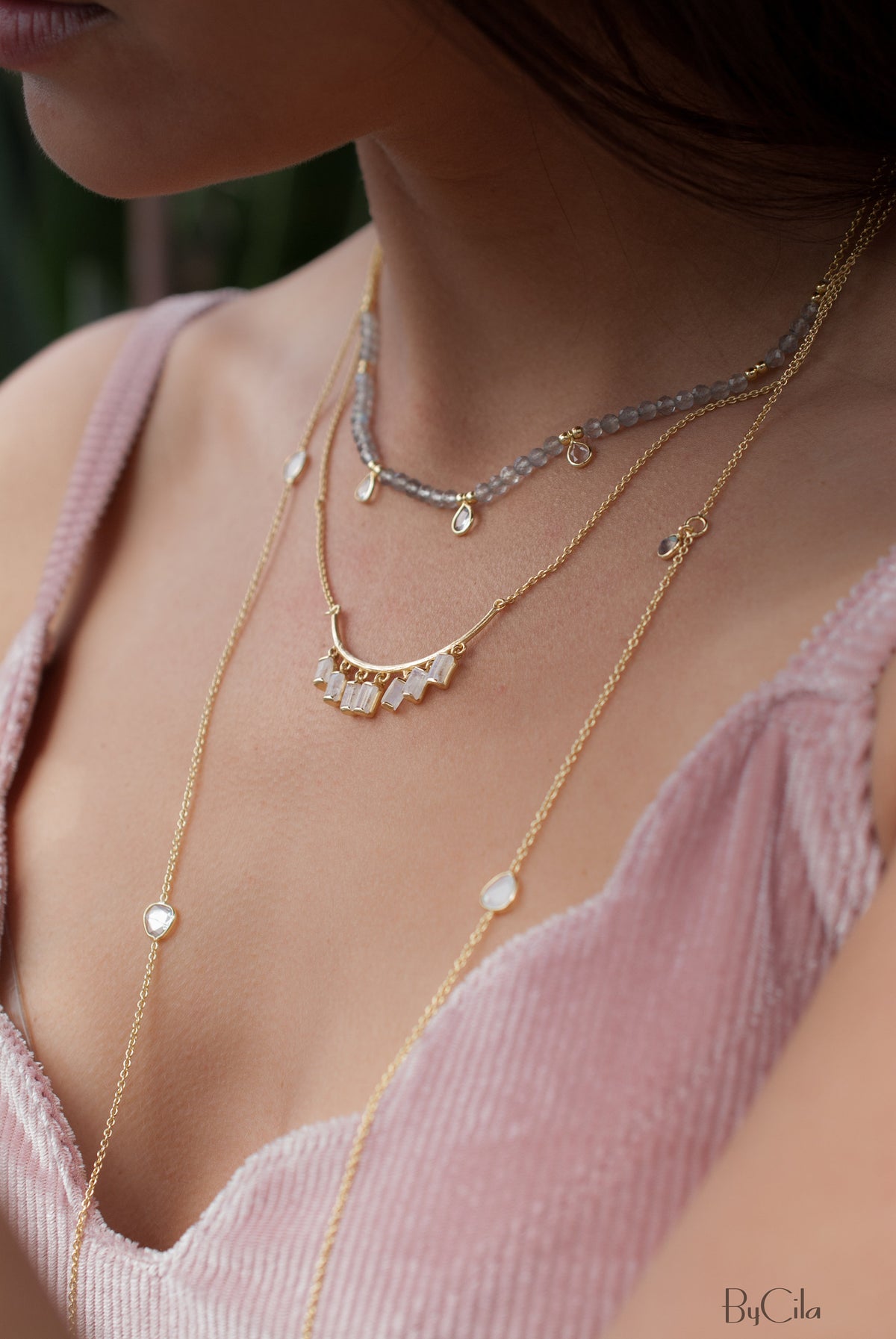 Fernanda Necklace * Labradorite and Synthetic Sapphire or Labradorite and Clear Quartz * Gold Vermeil * BJN036
