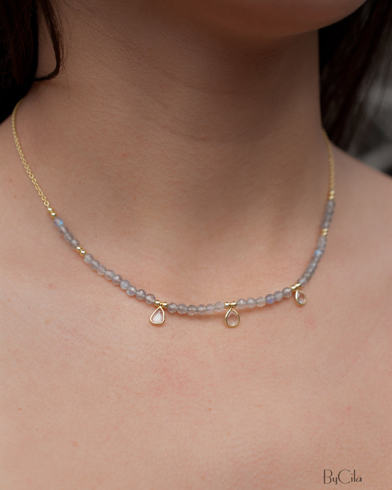 Fernanda Necklace * Labradorite and Synthetic Sapphire or Labradorite and Clear Quartz * Gold Vermeil * BJN036