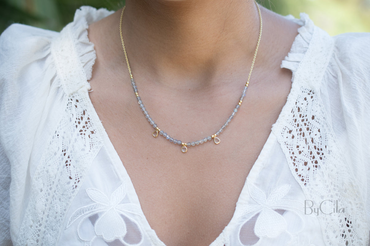 Fernanda Necklace * Labradorite and Clear Quartz or Labradorite and synthetic Sapphire *Gold Vermeil * BJN035