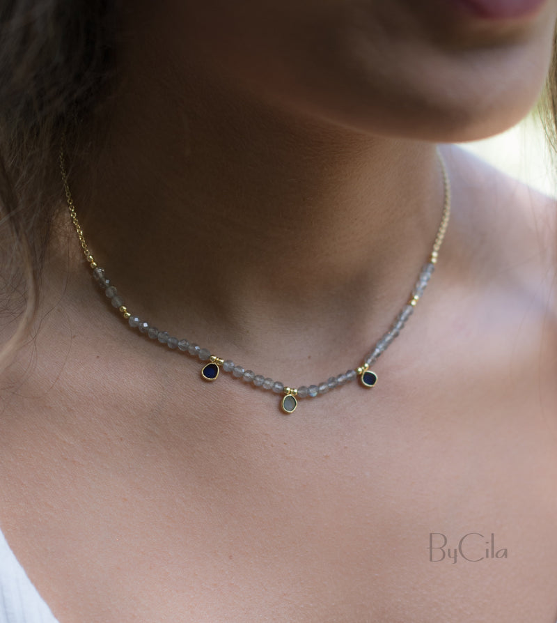 Fernanda Necklace * Labradorite and Synthetic Sapphire or Labradorite and Clear Quartz * Gold Vermeil * BJN036