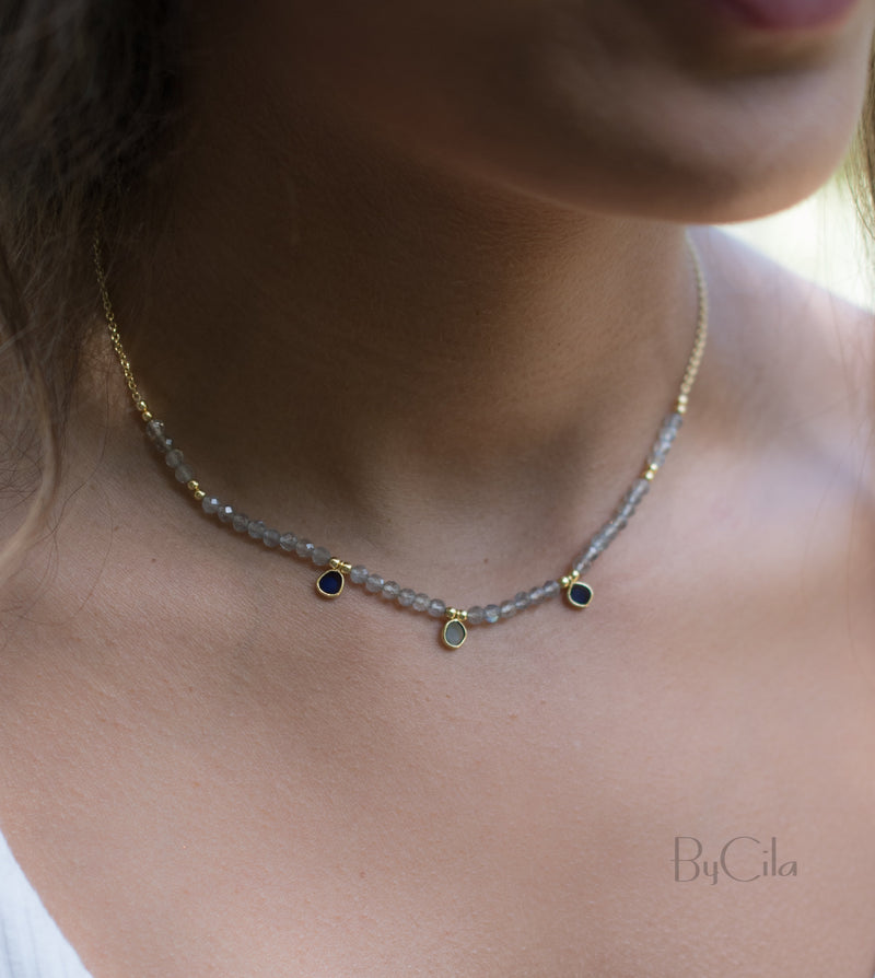 Fernanda Necklace * Labradorite and Clear Quartz or Labradorite and synthetic Sapphire *Gold Vermeil * BJN035