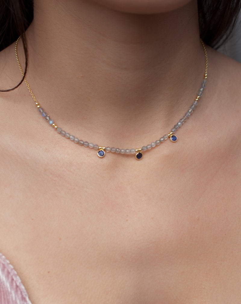 Fernanda Necklace * Labradorite and Synthetic Sapphire or Labradorite and Clear Quartz * Gold Vermeil * BJN036
