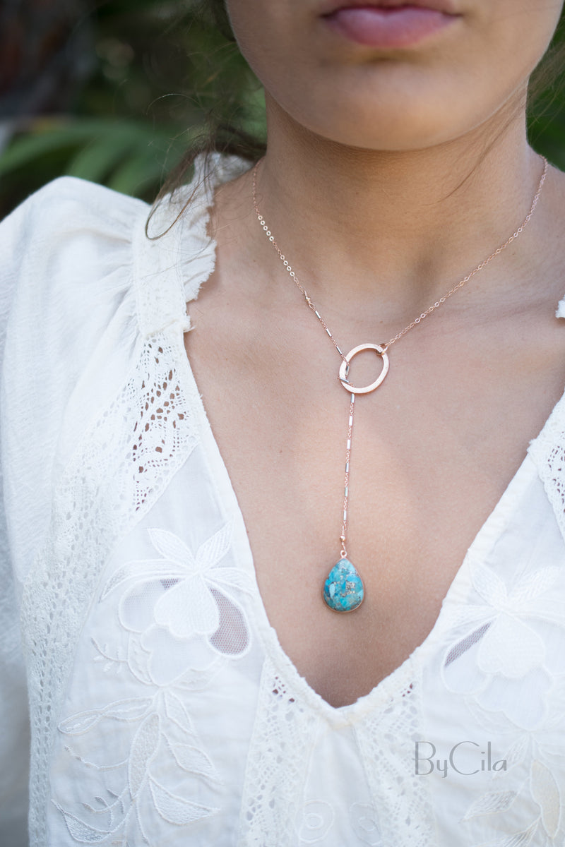 Isabel Lariat Necklace * Copper Turquoise* Rose Gold Filled, Gold Filled or Sterling Silver * BJN060