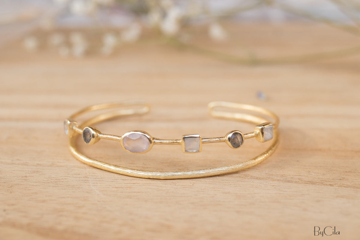 Moonstone, Labradorite & Rose Quartz * Bangle Bracelet * Gold Plated and Silver Plated * Gemstone * Adjustable *Statement * BJB032A