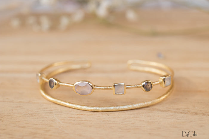 Moonstone, Labradorite & Rose Quartz * Bangle Bracelet * Gold Plated and Silver Plated * Gemstone * Adjustable *Statement * BJB032B