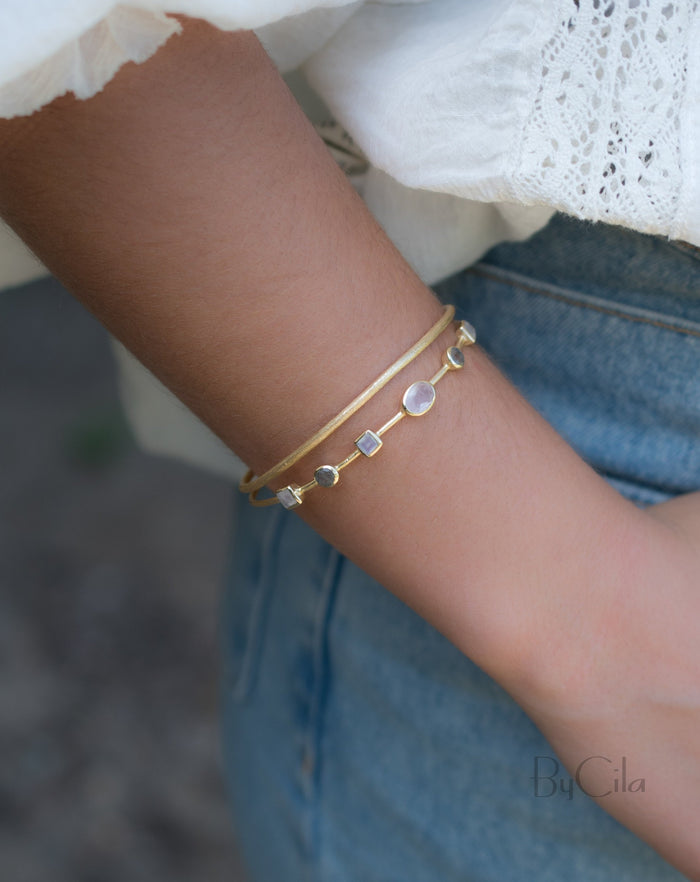 Moonstone, Labradorite & Rose Quartz * Bangle Bracelet * Gold Plated and Silver Plated * Gemstone * Adjustable *Statement * BJB032A