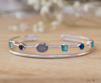 Labradorite, Green White Jade, Sapphire hydro * Bangle Bracelet * Gold Plated and Silver Plated * Gemstone * Adjustable *Statement * BJB031A