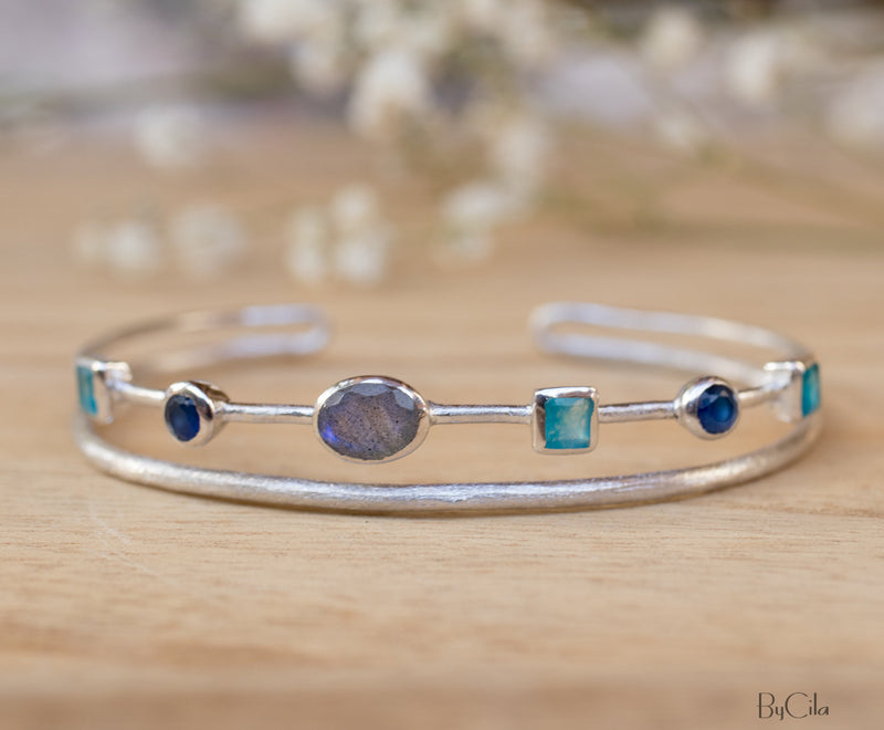 Labradorite, Green White Jade, Sapphire hydro * Bangle Bracelet * Gold Plated and Silver Plated * Gemstone * Adjustable *Statement * BJB031A