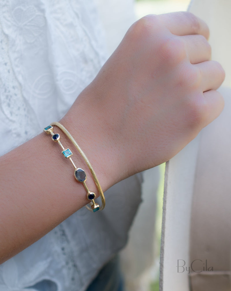 Labradorite, Green White Jade, Sapphire hydro * Bangle Bracelet * Gold Plated and Silver Plated * Gemstone * Adjustable *Statement * BJB031A