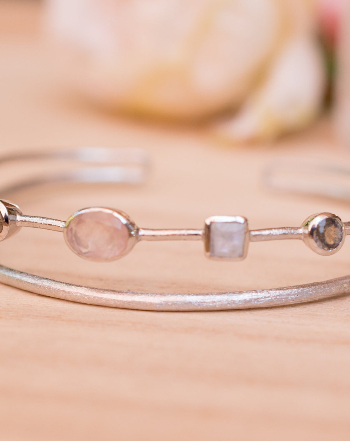 Moonstone, Labradorite & Rose Quartz * Bangle Bracelet * Gold Plated and Silver Plated * Gemstone * Adjustable *Statement * BJB032A