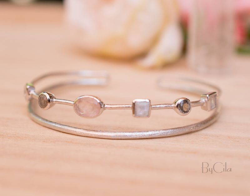 Moonstone, Labradorite & Rose Quartz * Bangle Bracelet * Gold Plated and Silver Plated * Gemstone * Adjustable *Statement * BJB032B