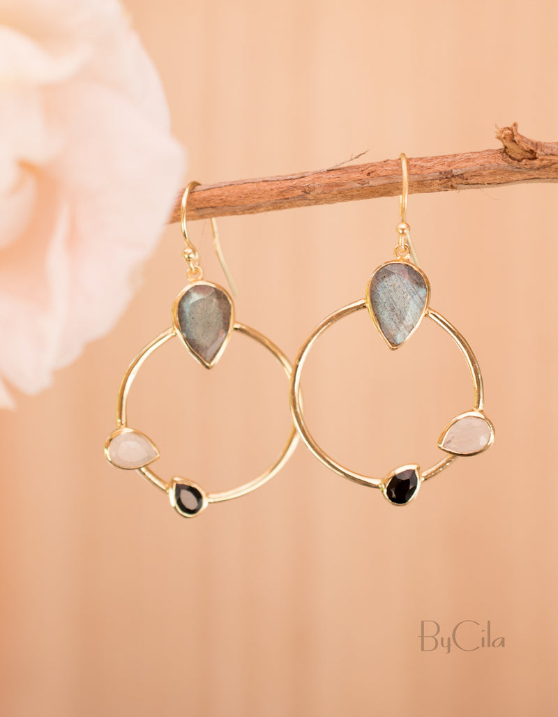 Lavinia Earrings * Labradorite, Black Onyx & Moonstone * Gold Plated 18k * BJE122