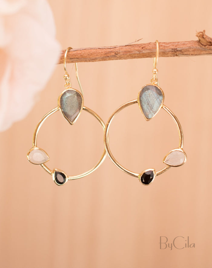Lavinia Earrings * Labradorite, Black Onyx & Moonstone * Gold Plated 18k * BJE122