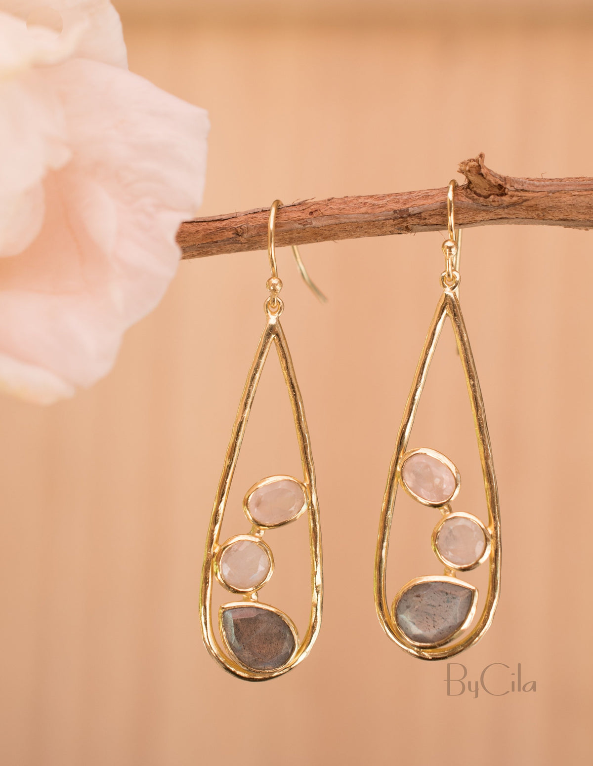 Rebeca Earrings * Rose Quartz, Moonstone & Labradorite * Gold Plated 18k * BJE106