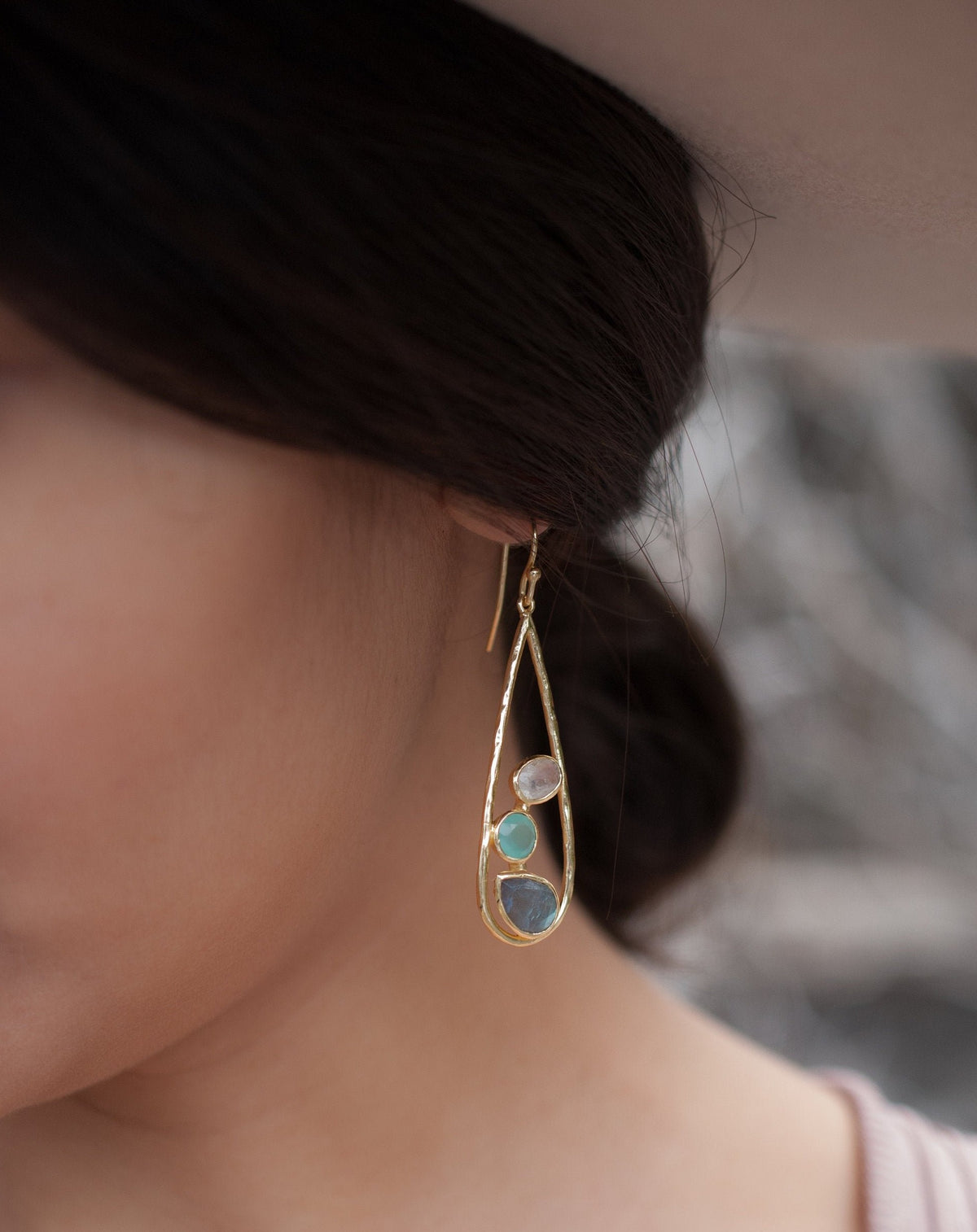 Rebeca Earrings * Moonstone, Aqua Chalcedony & Labradorite * Gold Plated 18k * BJE107