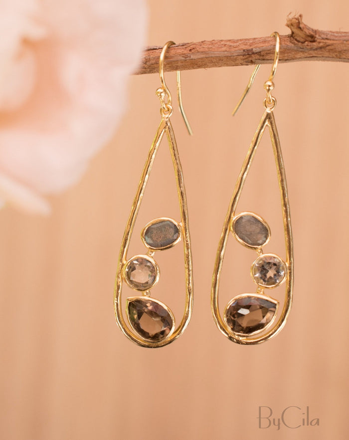 Rebeca Earrings * Labradorite, Green Amethyst and Smoky Quartz * Gold Plated 18k * BJE108