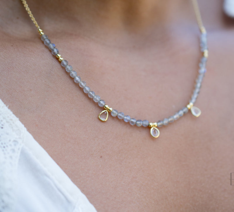 Fernanda Necklace * Labradorite and Clear Quartz or Labradorite and synthetic Sapphire *Gold Vermeil * BJN035