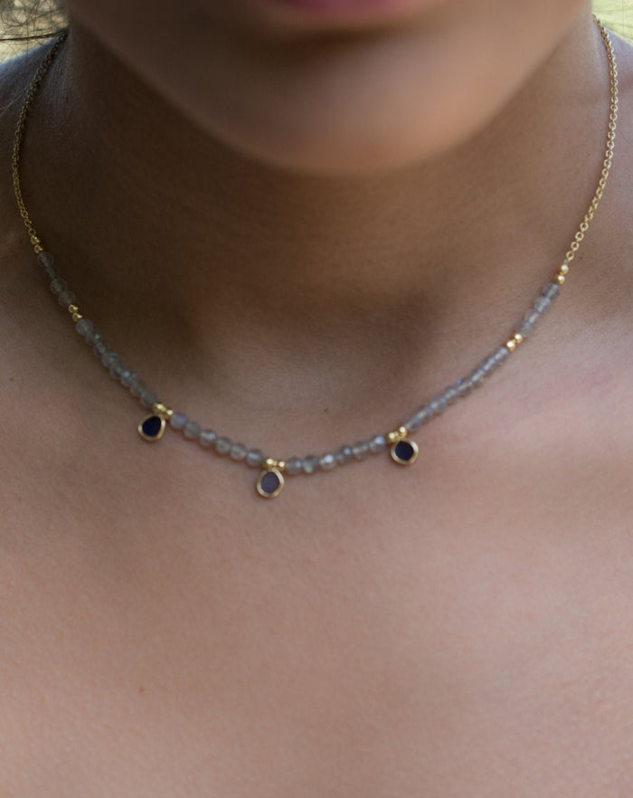 Fernanda Necklace * Labradorite and Synthetic Sapphire or Labradorite and Clear Quartz * Gold Vermeil * BJN036